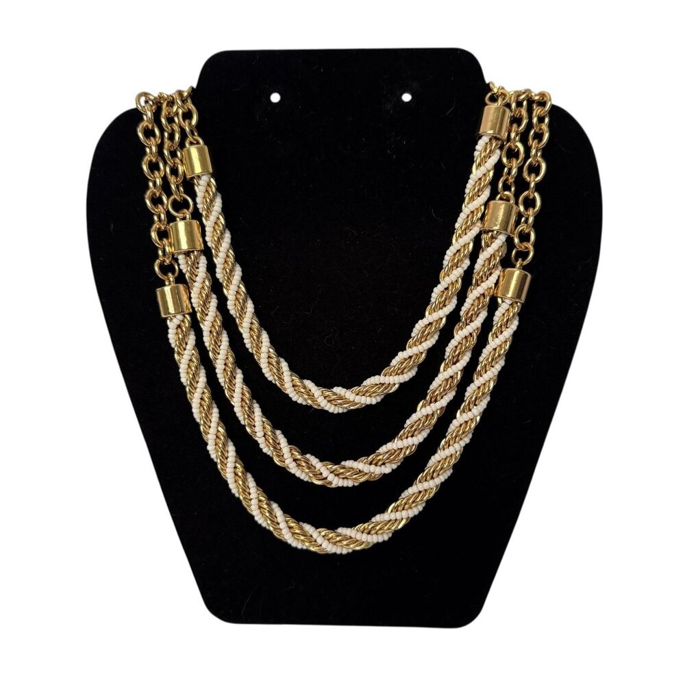 BCBG Max Azria Gold White 3 Strand Rope Chain Necklace Heavy Vintage-Inspired